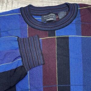 Jhane Barnes Silk Blend Knit Crew Neck Pullover Sweater Geometric Plaid Mens XL